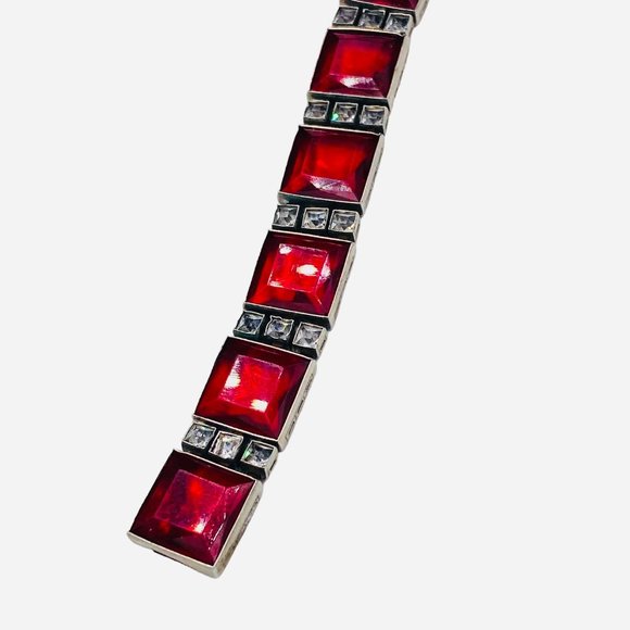 Authentic Art Deco Red  and Clear Glass Link Bracelet Silver Tone Metal - Picture 5 of 6
